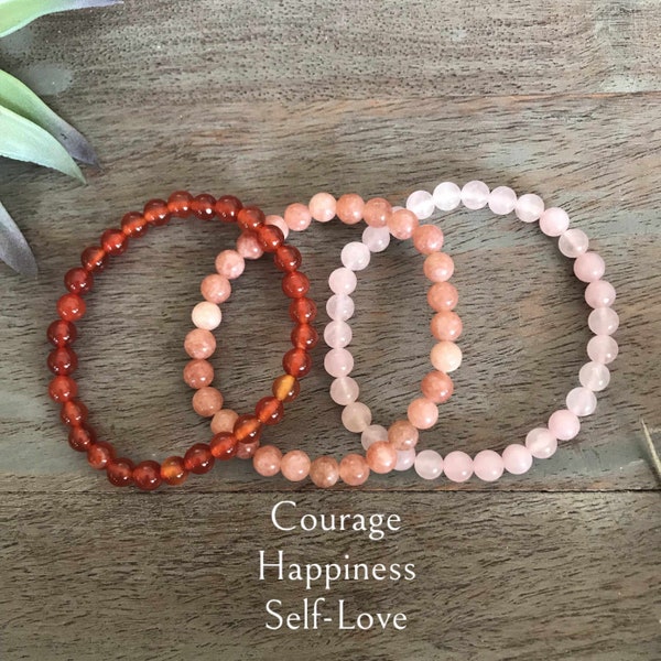 Genuine Sunstone, Carnelian, Rose Quartz Self Confidence Crystal Gemstone Bracelet Set, courage, happiness, self-love, personal power,