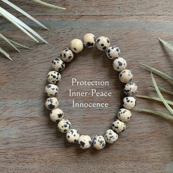 Genuine Dalmatian Jasper Healing Crystal Gemstone Bracelet, 8mm, protection, child like innocence, inner peace, fears, Virgo,