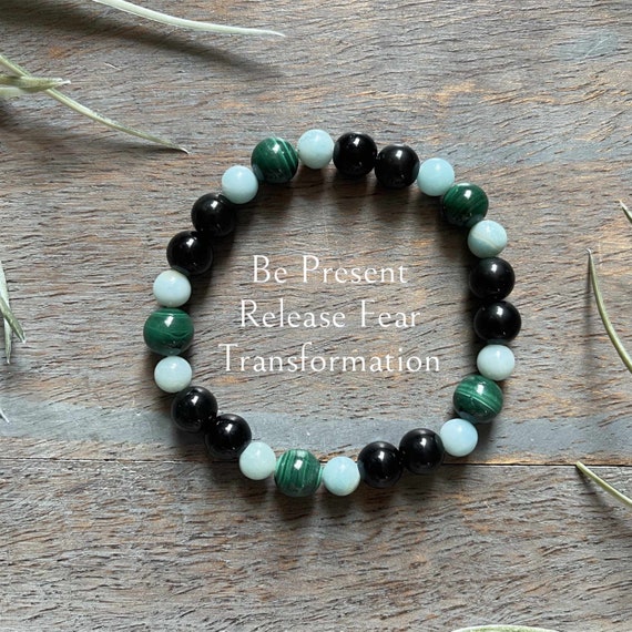 Genuine Scorpio- Pluto Astrology Healing Crystal Gemstone Bracelet, Malachite, Amazonite, Black Obsidian, Go with the Flow, Release Fear,