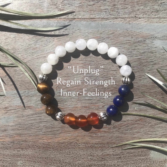 Genuine New Moon Gemstone Bracelet, Healing Crystals, lapis lazuli, carnelian, tiger eye, rainbow moonstone, strength, inner feelings,