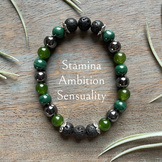 Genuine Virgo, Taurus, Capricorn, Healing Crystal Earth Sign Gemstone Aromatherapy Bracelet, jade, malachite, hematite, stamina, ambition,