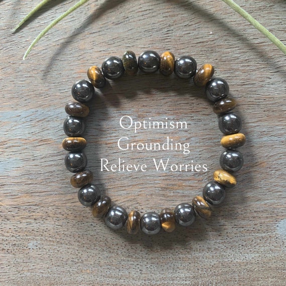 Genuine Hematite and Tiger Eye Healing Crystal Gemstone Bracelet, Yoga Jewelry, Grounding, Relieve Worries, , Optimism, Self-Confidence,