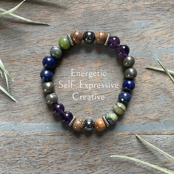 Genuine Lapis Lazuli, Chrysoprase, Amethyst, Pyrite Gemstone Bracelet, Healing Crystal Life Path #3, self-expressive, creative, energetic,