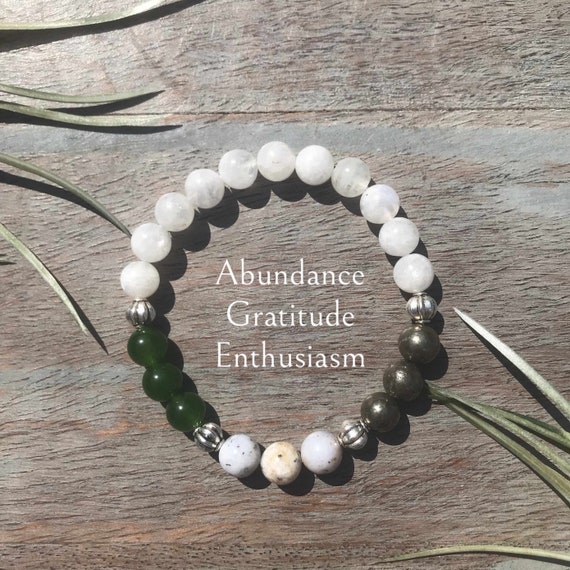 Genuine Waning Gibbous Gemstone Bracelet Healing Crystals of jade, dendritic agate, pyrite, rainbow moonstone, gratitude, abundance,