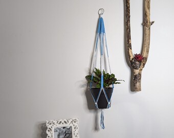 Long decorative macrame plant holder, sky blue and white