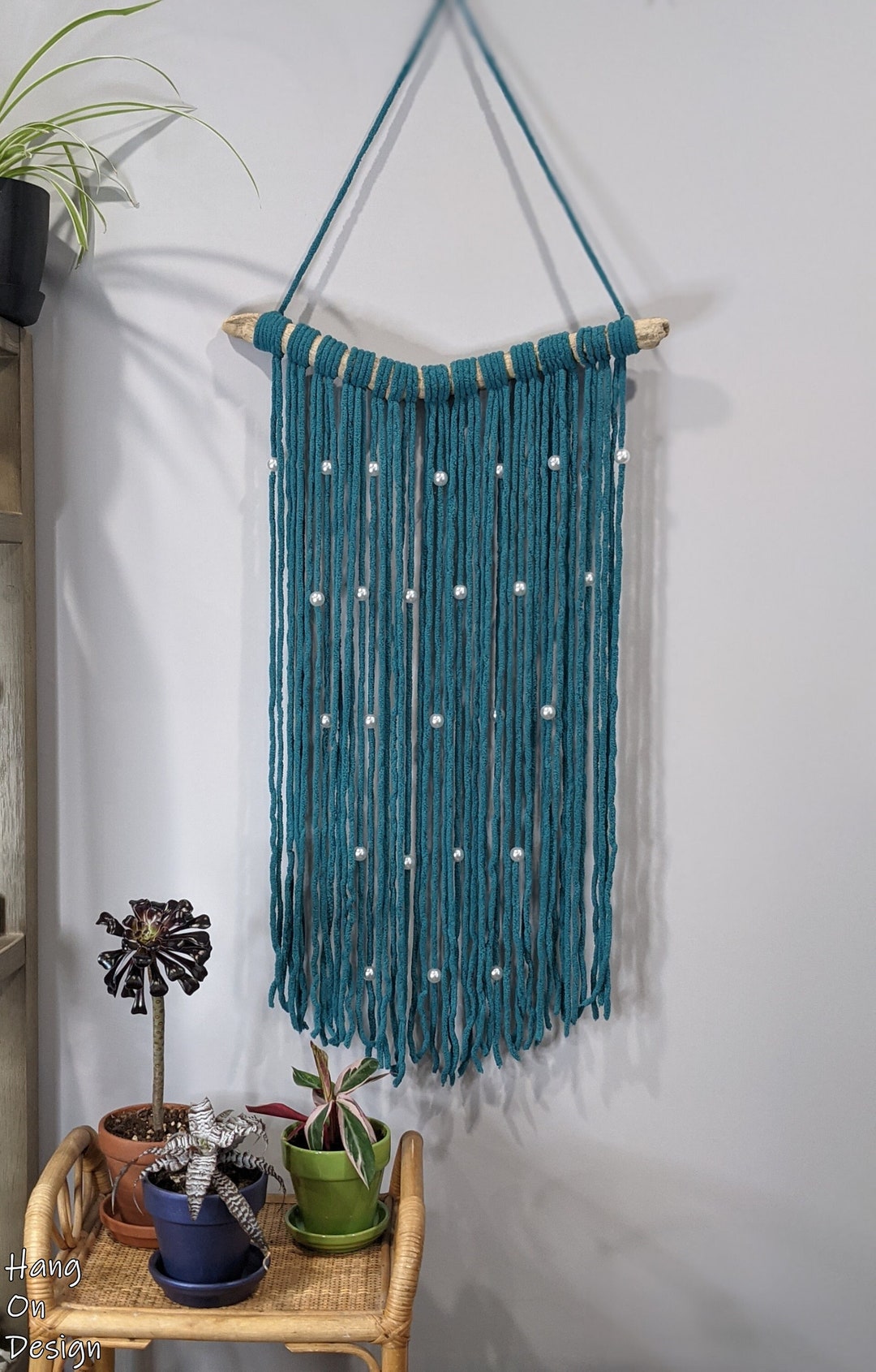 Driftwood and Yarn Wall Hanging With Beads Turquoise Boho Etsy