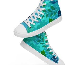 Women’s high top canvas shoes, palm tree shoes, palm leaf shoes, green shoes, blue shoes, summer shoes