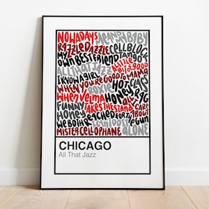 Puede incluir: Una impresión enmarcada con un borde negro y un fondo blanco. La impresión presenta una nube de palabras de títulos de canciones del álbum "All That Jazz" de Chicago. Las palabras están en rojo, negro y gris.