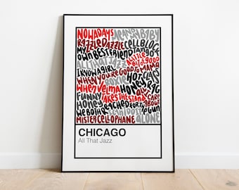 May include: A framed print with a black border and a white background. The print features a word cloud of song titles from the Chicago album "All That Jazz". The words are in red, black, and gray.