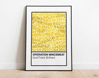 Póster con impresión artística de muestra de color con letras a mano del musical de Broadway del West End "Operación Carne Picada"