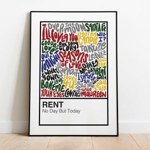 May include: A black framed poster with a white background featuring a colorful word cloud of song titles from the musical Rent. The text "RENT" and "No Day But Today" are printed below the word cloud.