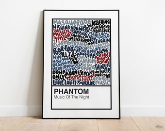 May include: A black and white poster with a blue, gray, and red word cloud of lyrics from the musical "Phantom of the Opera". The title "Phantom" and "Music of the Night" are in red at the bottom of the poster.