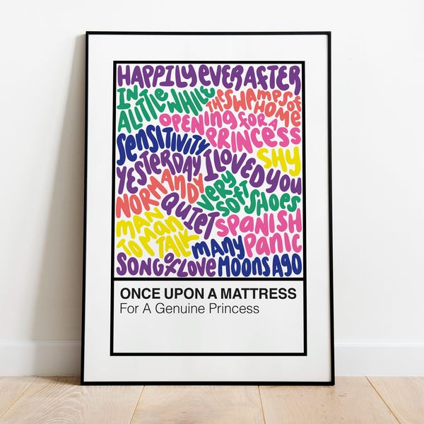 Once Upon A Mattress Broadway Musical Handlettered Color Swatch Art Print Poster