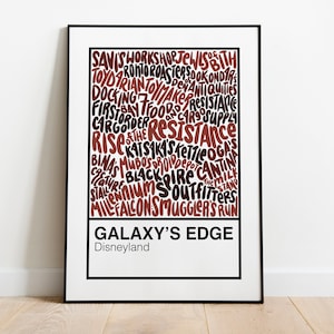 May include: A brown and black word cloud poster with the text "GALAXY'S EDGE Disneyland" at the bottom. The word cloud features words related to Star Wars, such as "Savis Workshop", "Ronto Roasters", "Dok Ondar's", "First Order", "Resistance", "Black Spire Outpost", "Millennium Falcon", and "Smugglers Run".