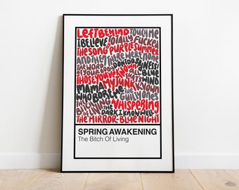 Póster con muestras de color del musical de Broadway "Spring Awakening" con letras a mano