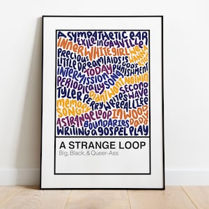 May include: A framed art print with the words "A Strange Loop" in a black frame. The artwork features a colourful, handwritten-style text design with phrases like "Inner White Girl" and "Tyler Perry". The bottom text reads "Big, Black, & Queer-Ass".