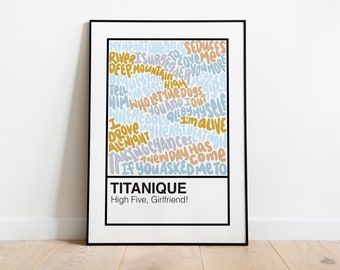 Póster artístico con muestras de color del musical Titanique Off-Broadway, rotulado a mano.