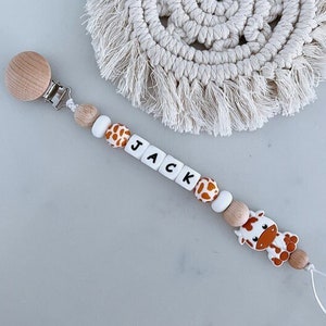 Customizable Personalized Pacifier Clip in Brown Cow Print / Wood and Neutral Dummy Clip / Baby Shower Gift