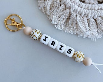 Custom name keychain accessory White and Gold Cheetah Print