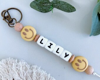 Custom name keychain accessory with Smiley Face / Retro Zipper Pull / Yellow Smile