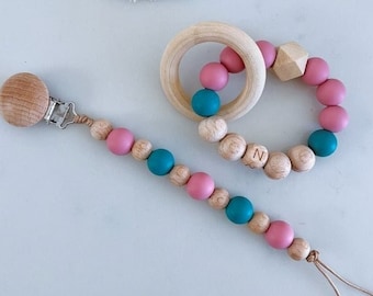 Pacifier Clip and Rattle Ring in Natural Wood Pink and Turquoise / Dummy Clip / Baby Gift