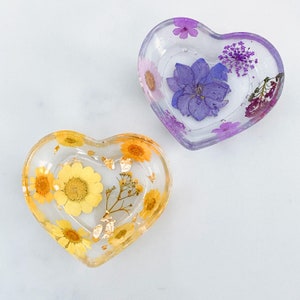 Heart Shaped Resin Ring Dish with real dried flowers Yellow