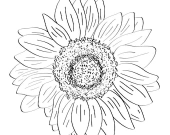 May include: A black and white line drawing of a sunflower. The flower has multiple petals surrounding a textured center. The petals are elongated and pointed, with visible lines. The center is detailed with small, textured shapes.