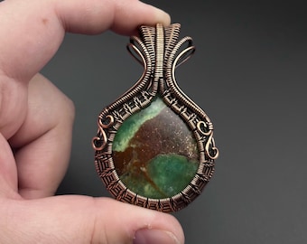 Antique Copper Wire Woven Chrysoprase Necklace | Handmade Gemstone Pendant