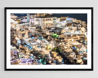 Santorini Night Photo: Fira Village, Greece - Fine Art Print