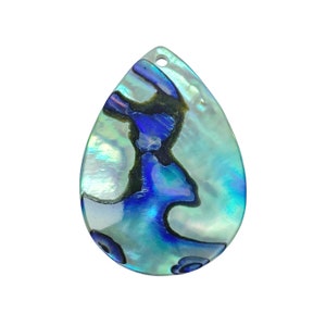 May include: A teardrop-shaped pendant with a pearlescent surface. The iridescent shell features shades of blue, green, and black, with a small hole at the top for stringing. The pendant is suitable for jewelry making.