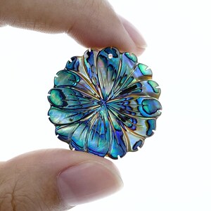 May include: A round, iridescent abalone shell pendant with a flower-like design in shades of blue, green, and gold. The shell has a small hole at the top for hanging.
