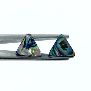 May include: Two iridescent abalone shell triangle-shaped stones. The stones display a mix of blue, green, and purple hues. The stones are held by a silver metal tool against a white background. These stones could be used for jewelry making.