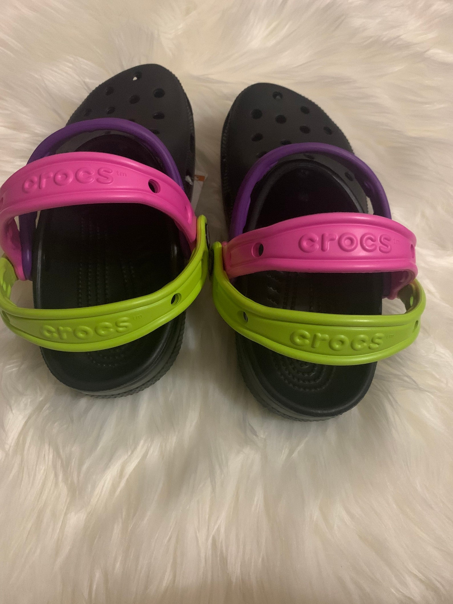 green and purple crocs
