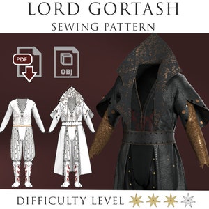 May include: Sewing pattern for a black and gold hooded robe with a belt. The pattern is available in PDF and OBJ formats. Difficulty level is rated with four stars.