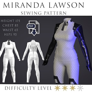 May include: A sewing pattern for a white jumpsuit with black accents. The pattern includes measurements for a height of 5'7" (175 cm), chest of 33" (85 cm), waist of 25" (65 cm), and hips of 37" (95 cm). The difficulty level is rated with four stars.