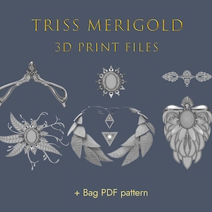Peut inclure: Fichiers d'impression 3D pour un ensemble de bijoux inspiré du personnage de Triss Merigold de la série The Witcher. L'ensemble comprend un collier, des boucles d'oreilles, un bandeau et un charme de sac. Les bijoux sont de couleur argent et présentent des motifs complexes à motifs floraux et géométriques. L'image comprend également le texte "Triss Merigold 3D Print Files + Bag PDF pattern".