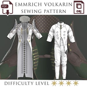 May include: An illustration of a sewing pattern with two costume designs. One is a long, white coat with gold detailing. The other is a white suit with a high collar and decorative buttons. The text "EMMRICH VOLKARIN SEWING PATTERN" is displayed at the top of the image.