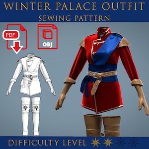 May include: A digital sewing pattern for a Winter Palace Outfit. The image shows a red and blue outfit with gold accents, gloves, and boots. A line drawing of the outfit is also shown. The text "WINTER PALACE OUTFIT SEWING PATTERN" is at the top.