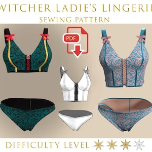 May include: A lingerie sewing pattern featuring several bra and panty designs. The bras have decorative bows and lace-up details. The lingerie is in teal, black, and white with floral patterns. The text reads "Witcher Ladies Lingerie Sewing Pattern".