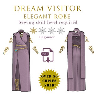 Könnte beinhalten: Ein digitales Schnittmuster für eine elegante Robe aus lila Stoff mit goldenen Akzenten. Das Schnittmuster ist für Anfänger geeignet und beinhaltet einen PDF-Download. Das Bild zeigt auch den Text "DREAM VISITOR ELEGANT ROBE" und "OVER 50 COPIES SOLD!"