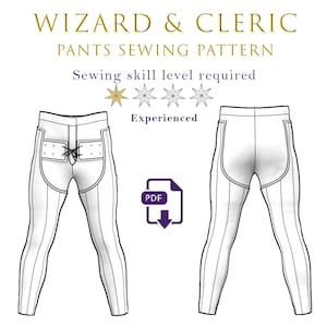 May include: A digital illustration of a sewing pattern for wizard or cleric pants. The pattern is for experienced sewers and is available as a PDF download. The illustration shows the front and back views of the pants.