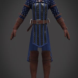 May include: A blue and black fantasy outfit with brown leather accents. The outfit includes a quilted jacket, a corset-style bodice, a belt, arm guards, and tall boots. The jacket and bodice have silver-colored studs.
