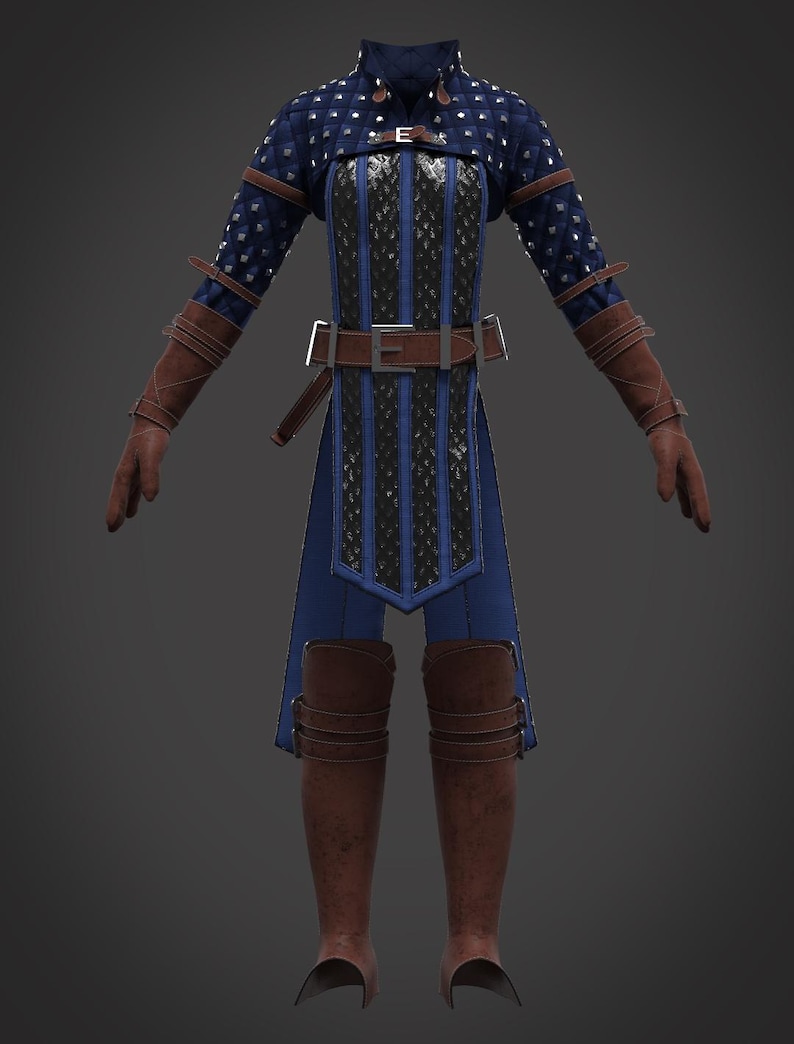 May include: A blue and black fantasy outfit with brown leather accents. The outfit includes a quilted jacket, a corset-style bodice, a belt, arm guards, and tall boots. The jacket and bodice have silver-colored studs.