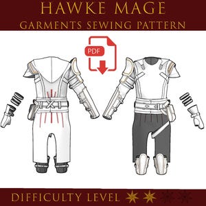 May include: An illustration of a "HAWKE MAGE" garment sewing pattern. The design shows a white and grey outfit with armour-like elements, such as shoulder pads, arm guards, and a belt. The difficulty level is indicated by three stars.
