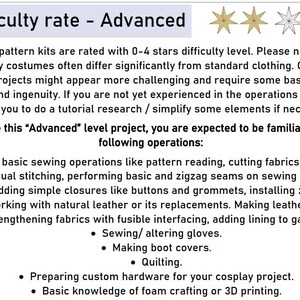 May include: White background with text indicating an advanced difficulty level for cosplay sewing projects. Includes a list of required skills such as pattern reading, cutting fabrics, and working with leather. Three gold stars and one silver star are displayed.
