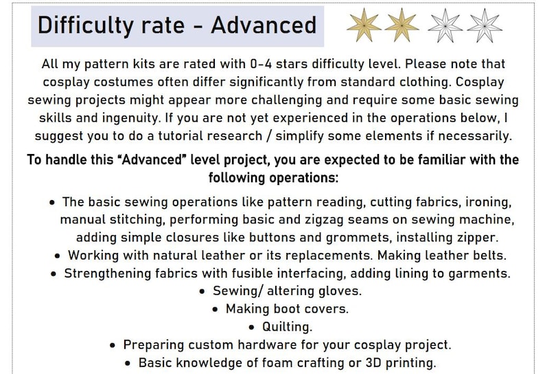 May include: White background with text indicating an advanced difficulty level for cosplay sewing projects. Includes a list of required skills such as pattern reading, cutting fabrics, and working with leather. Three gold stars and one silver star are displayed.