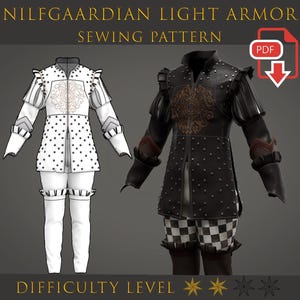 Puede incluir: Patrón de costura digital para armadura ligera Nilfgaardiana. La imagen muestra una ilustración detallada de la armadura tanto en un boceto en blanco y negro como en una versión en color. El texto en la parte superior dice "NILFGAARDIAN LIGHT ARMOR SEWING PATTERN". El nivel de dificultad se indica con tres estrellas.