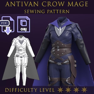 May include: A digital sewing pattern for an Antivan Crow Mage costume. The image shows a 3D rendering of the costume in blue and brown, with a cape and belt. The difficulty level is indicated by five gold stars. Includes PDF and OBJ files.