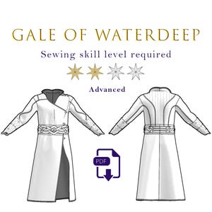以下が含まれることがあります： 「GALE OF WATERDEEP」のテキストが入った白いコートの縫製パターン。パターンはコートのデザインの前面と背面を示しています。縫製スキルレベルは上級と記載されています。PDFアイコンも表示されています。