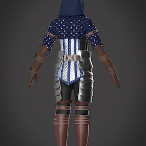 May include: A full-body shot of a medieval-style outfit. The ensemble features a navy blue quilted hood and shoulder armor with silver accents. A silver and blue corset-like top, black pants, brown leather gloves, and knee-high boots complete the look.